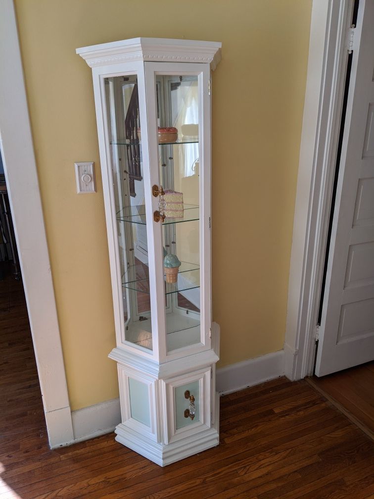 Antique white and green curio cabinet
