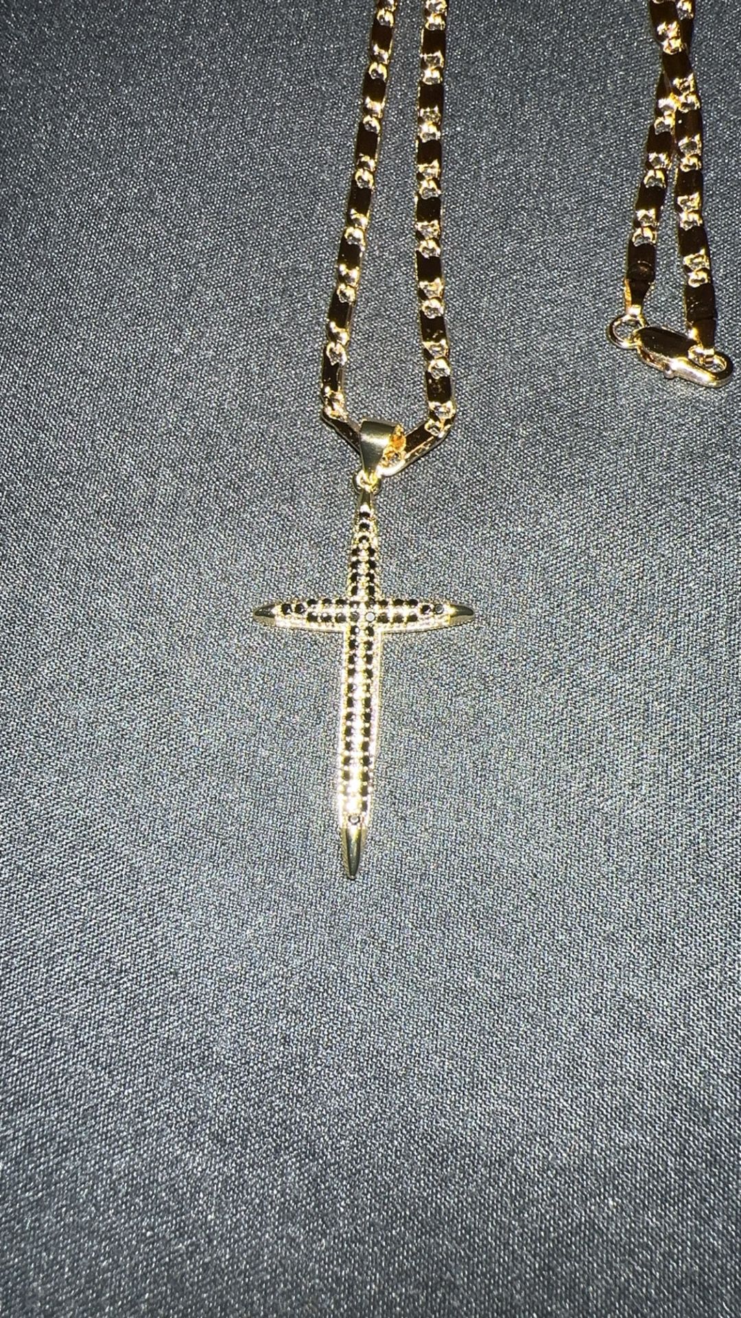 Gold Filled Brass 24 Inch Mainer Chain With A Gold Filled Brass Cross With Black CZ