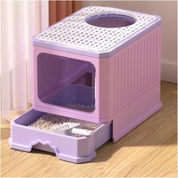Cat Litter Box Foldable Cat Litter Box with Lid, Cat Litter Box with Scoop, Top Entry Anti-Splashing Cat Toilet, Covered Kitty Litter Box, Two-Way Ent