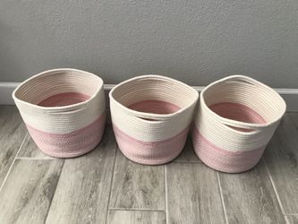 3 Pink And White Rope Basket Set 
