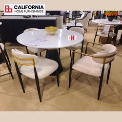 Modern Luxury White Marble Round Marble Top Dining Table Set with 4 Padded Chairs Small Space Dining Table