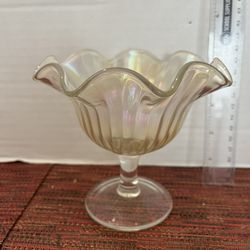 Vtg Imperial Glass Smooth Ray Ruffled Edge Compote Iridescent Carnival Glass