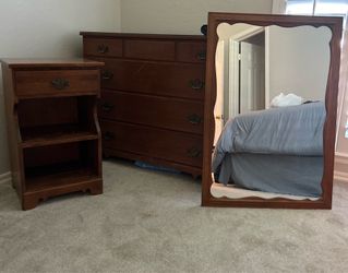 Vintage Ethan Allen Dresser, Mirror, and Nightstand