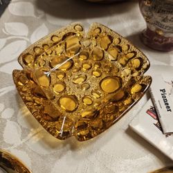 Libbey MCM Honey Amber Bubble Glass Ashtray