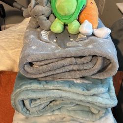 3 Baby Blankets 30x40”, 3 Stuff Animals & 1 Bib