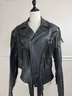 Black Leather Fringe Moto Jacket Women’s 36 Western Boho Biker