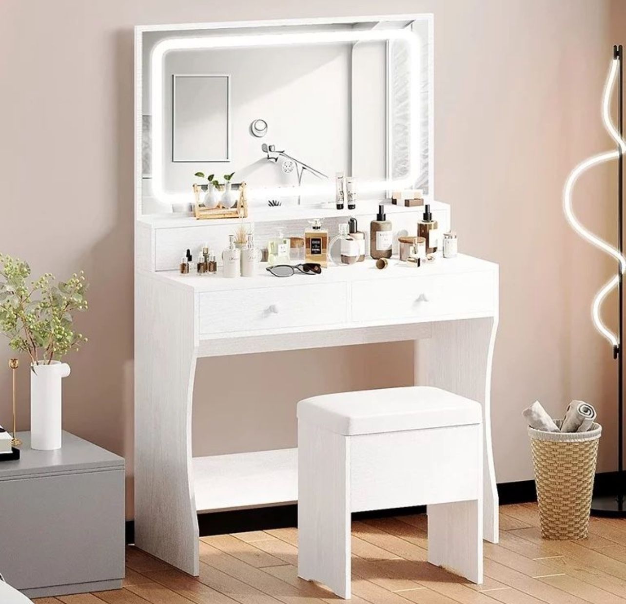 Vanity Desk Set with LED Lighted Mirror & Power Outlet, Makeup Vanity Table with 4 Drawers,Storage Bench,White