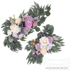 Wedding Arch Flowers,2Pcs Artificial Silk Faux Rose Flower Swag Floral Swags Backdrop with Leaves Clip Bandage for Welcome Sign Ceremony Reception Par