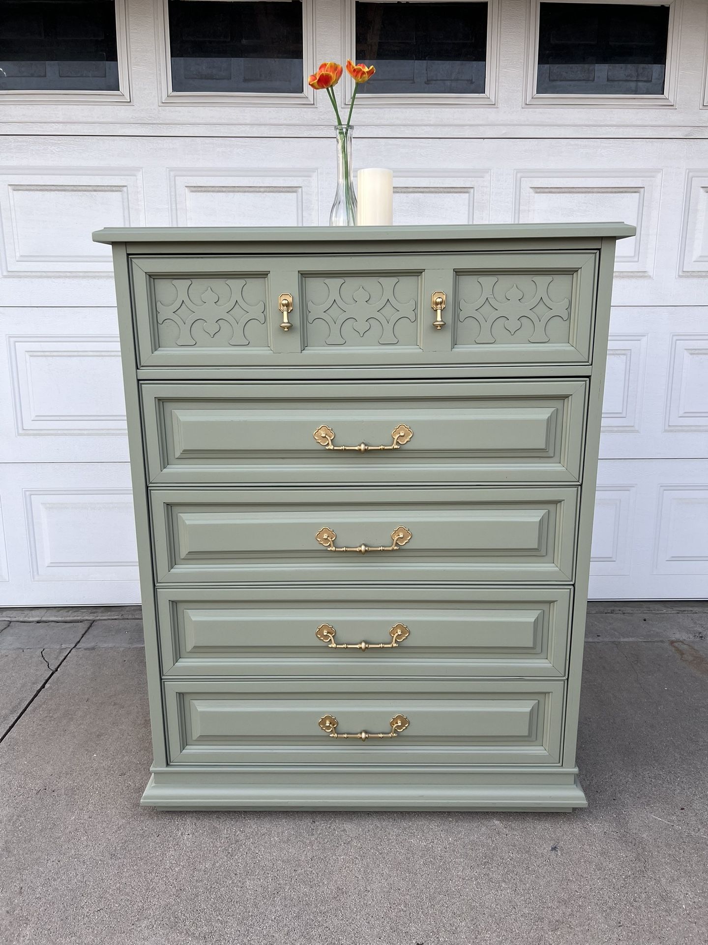 Beautiful Tall Green Dresser With Gold Hardware 