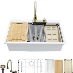 New 33 Waterfall Kitchen Sink Drop In - Lordear 33x22 Kitchen Sinks White Quartz Granite Composite M