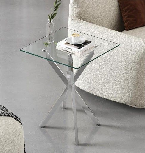 Small Side Table Glass End Table with Silver Metal Legs, Modern Square Clear Tempered Glass End Table Stylish Design Nightstand for Living Room, Bedro