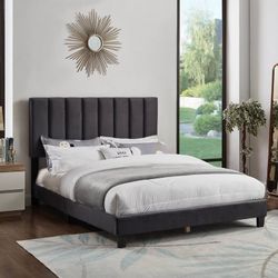 BRAND NEW Dark Grey Velvet Bed (Queen Or Full)