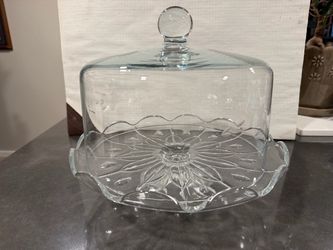 Princess House Etched Glass Round Pedestal Cake Stand w/ Dome Lid Cloche 2pc Set