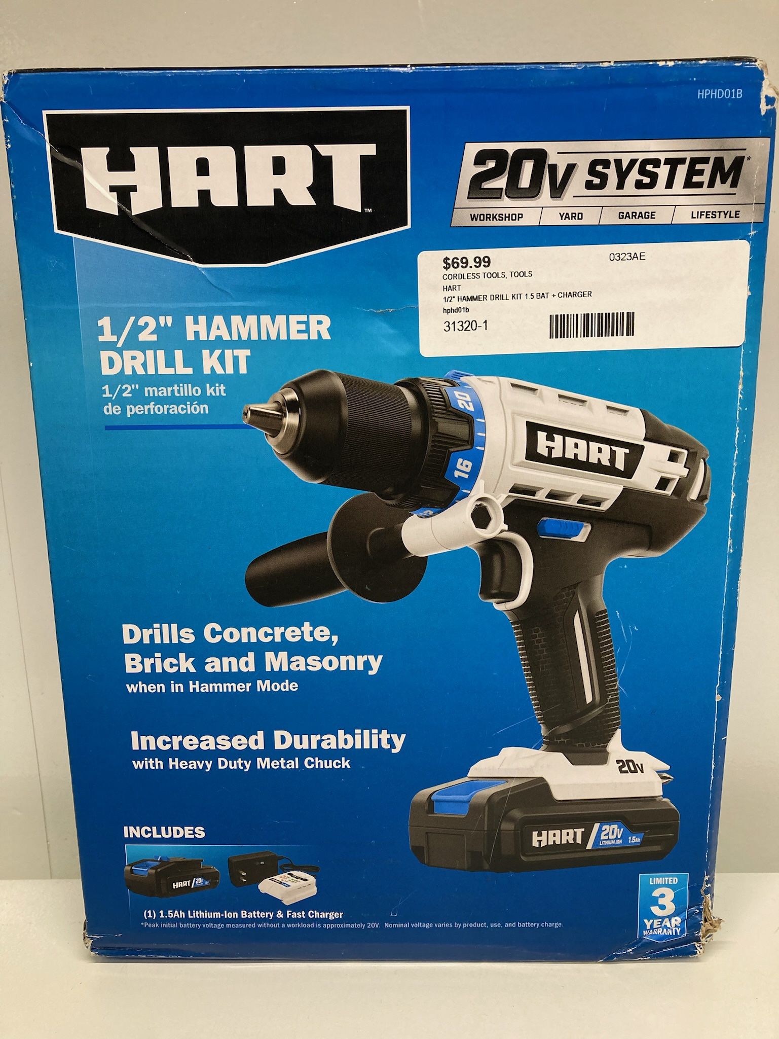 HART HPHD01B 20V Cordless 1/2" Hammer Drill Kit with 1.5Ah Lithium-Ion Battery and Charger