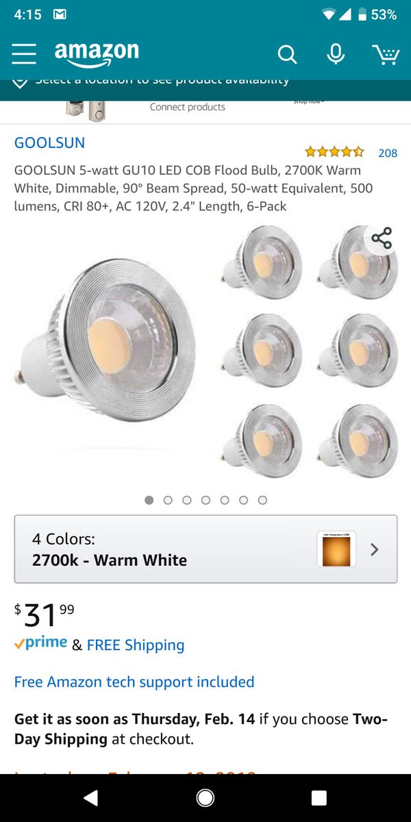 500 lumens 2700K Warm White CRI 80+ 90/Â/° Beam Spread 2.4 Length GOOLSUN 5-watt GU10 LED COB Flood Bulb Dimmable AC 120V 50-watt Equivalent