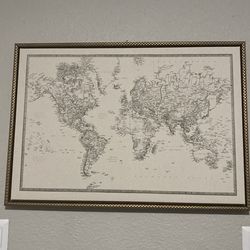 Framed Vintage World Map Canvas Wall Art 33x23in