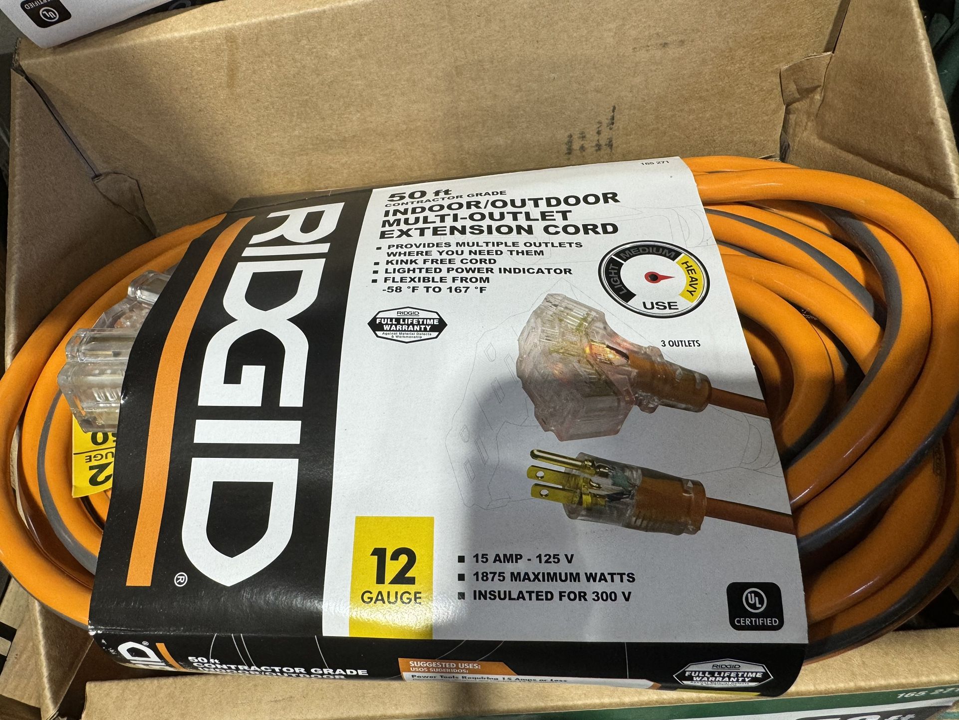 RIDGID 50 ft. 12/3 Heavy Duty Indoor/Outdoor Extension Cord with Tritap Lighted End, Orange/Grey $50 each