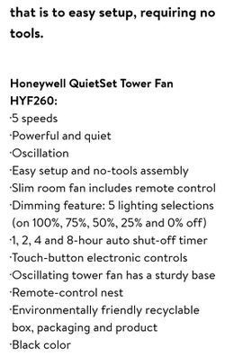 Fan"5 Speed Oscillating"  Honeywell Quiet Set Tower Thumbnail