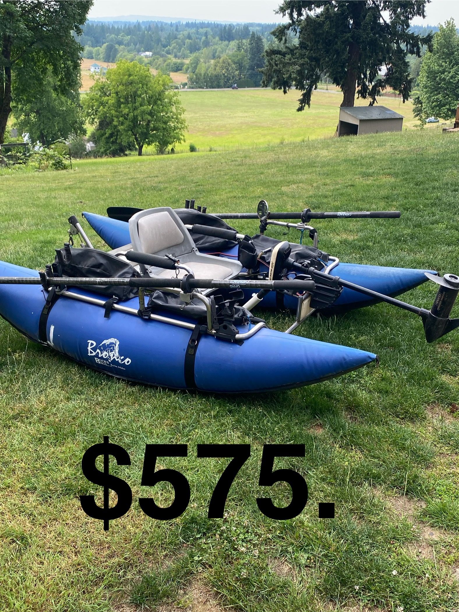 Bronco Pontoon Boat, Oars, Motor, Fly Pole