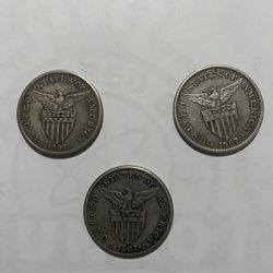 3x 1907 US Philippine Silver peso