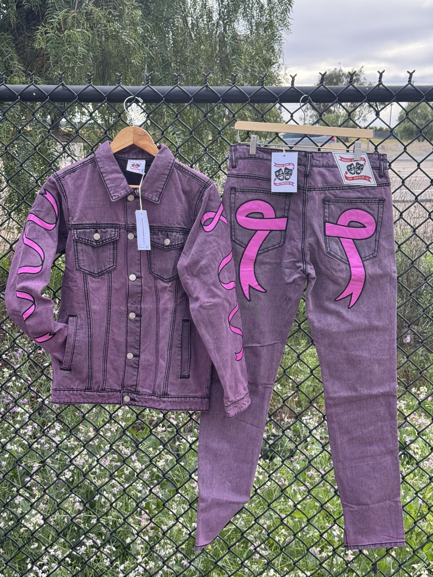 Asaali Pink/purple Demin Jeans & Jacket Set