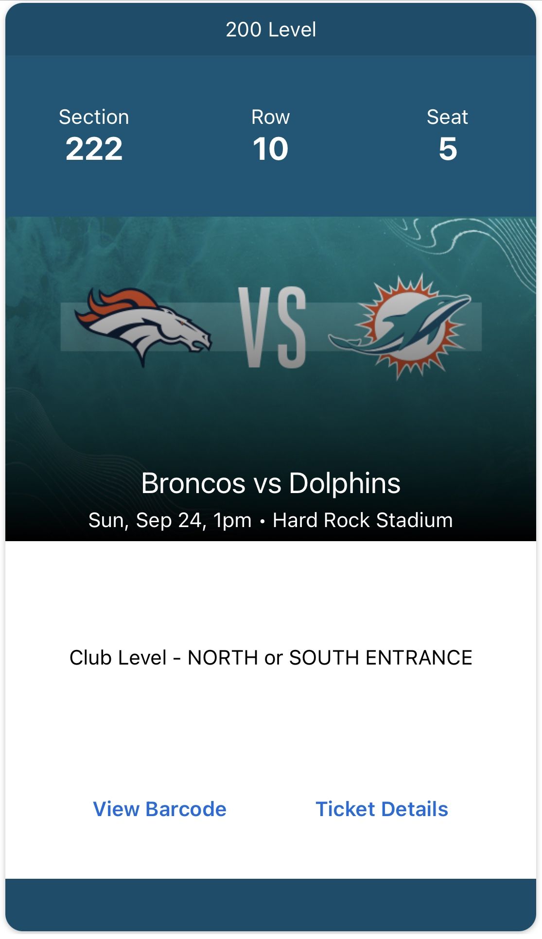 2 TICKETS MIAMI DOLPHINS V. DENVER BRONCOS CLUB SEATS