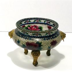 Vintage Midcentury Chinese Plique-A-Jour Cloisonné Floral Enameled Censer 7”-5”