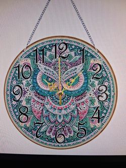 Diamond painting art kit hanging owl clock DIY with rhinestone crystals