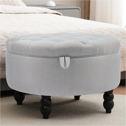 E840 $60  30 Inch Round Ottoman with Storage, Tufted Linen Storage Bench for Bedroom, Living Room & Entryway, Modern Upholstered Coffee Table with Woo