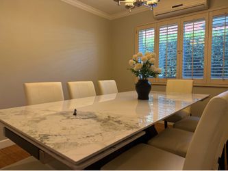 Luxury Extendable Sintered Stone Dining Table + 8 Off-White Chairs (Seats 10–12)