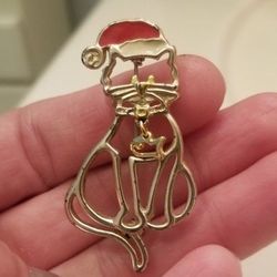 Christmas Kitty W Fish Collar Brooch