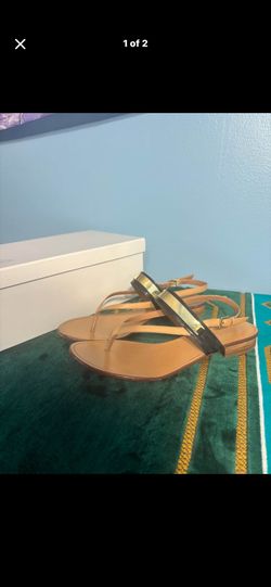Halogen Harita Thong Tan Black Gold Sandal Womens Size 10M  Flats Open Toe Used