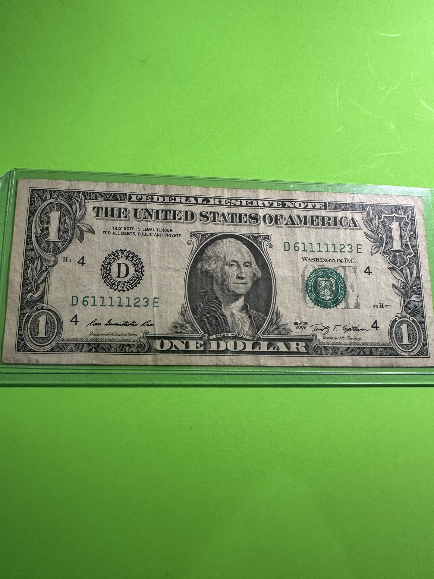 2009  1 $ Dollar Fancy Serial Number Five Of A Kind (1s) Note