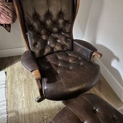 Genuine Leather Antique Wing Back Rocker Swivel Chair & Swivel Ottoman 