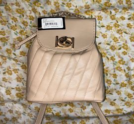 bebe Beige Small Quilted Backpack Turn Lock Lined Adjustable Strap Chain