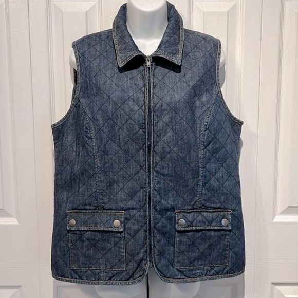 Denver Hayes Blue Denim Quilted Zip Up Vest Size L