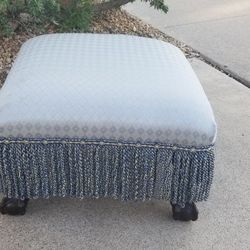 Foot Stool - Square/ Blue & Gold Fabric/ Excellent Condition 