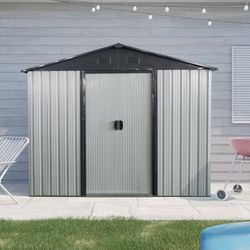 8ft x 4ft Outdoor Metal Storage Shed with Sliding Door and foundation for Backyard, Patio, Lawn - White and Black(W540P185253)