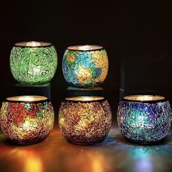 Rancco Glass Votive Candle Holder for Tealight, 5 Set Romantic Stained Mosaic Tealight Candle Holders, Handmade Cracked Aromatherapy Candle Lamp for V