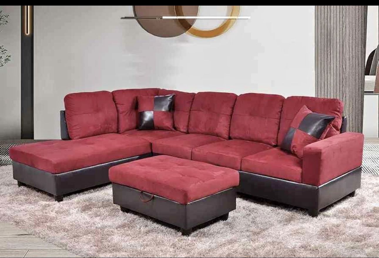 Red Microfiber Sectional Couch And Ottoman