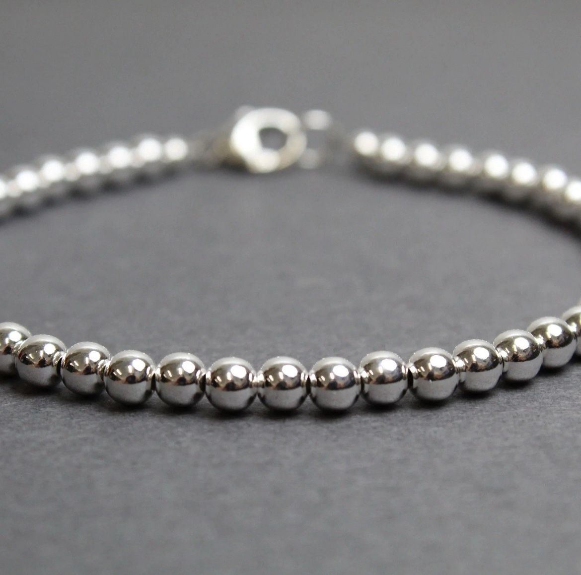 Genuine High Shine 925 Sterling Silver 3MM Bead Ball Chain Bracelet 7 5/8” Long