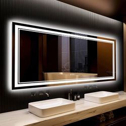 84x32 LED Bathroom Mirror with Lights, Backlit + Front Lit, Anti-Fog Lighted Bathroom Vanity Mirror for Wall, Dimmable LED Vanity Mirror with 3 Colors