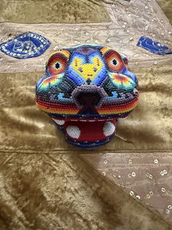 Handcrafted Huichol (Wixárika) Beaded Jaguar Mask – Vibrant Folk Art