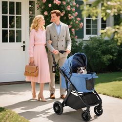 Foldable Dog Stroller for Medium Small Dogs Cats up to 33 lbs, Aluminum and Carbon Steel Frame Pet Stroller with Cup Holder, Adjustable Height, Blue