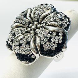 Sterling Silver Large  Flower Cluster Black & White CZ’s Cocktail Ladies Ring