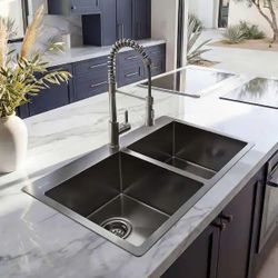 33 in Gunmetal Double Bowl Sink + Faucet