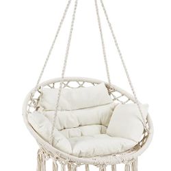 Hammock Swing Chair with Cushion and Hardware Kits, Handwoven Cotton Rope Macrame Hanging Swing Chair for Indoor, Outdoor, Patio, Bedr