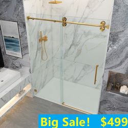 60 in. W x 76 in. H Single Sliding Frameless Shower Door in Brushed Gold with Smooth Sliding and 3/8 https://offerup.com/redirect/?o=aW4uR2xhc3M= ON S