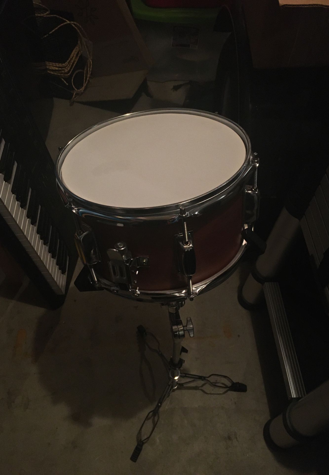 6” deep x 10” snare drum with stand and drumsticks