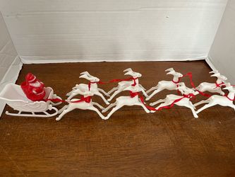 Vtg MCM Rosbro Hard Plastic Santa, Sleigh Candy Container 8 Reindeer